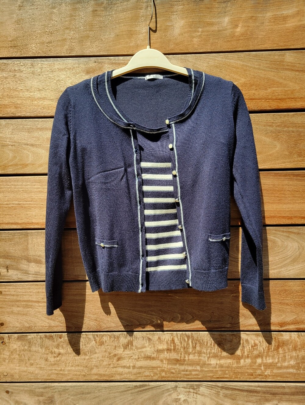 Navy Blue Striped Coquette Preppy Coastal Knit Cardigan Set‎ With T-Shirt XS-S